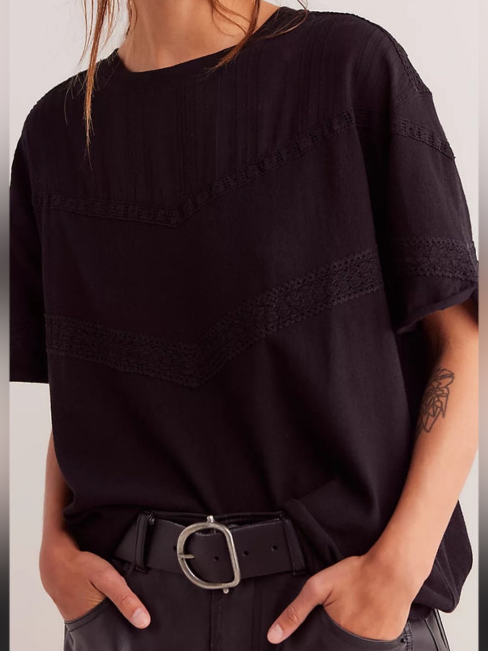 Women's Black Lace-Trim Relaxed Tee